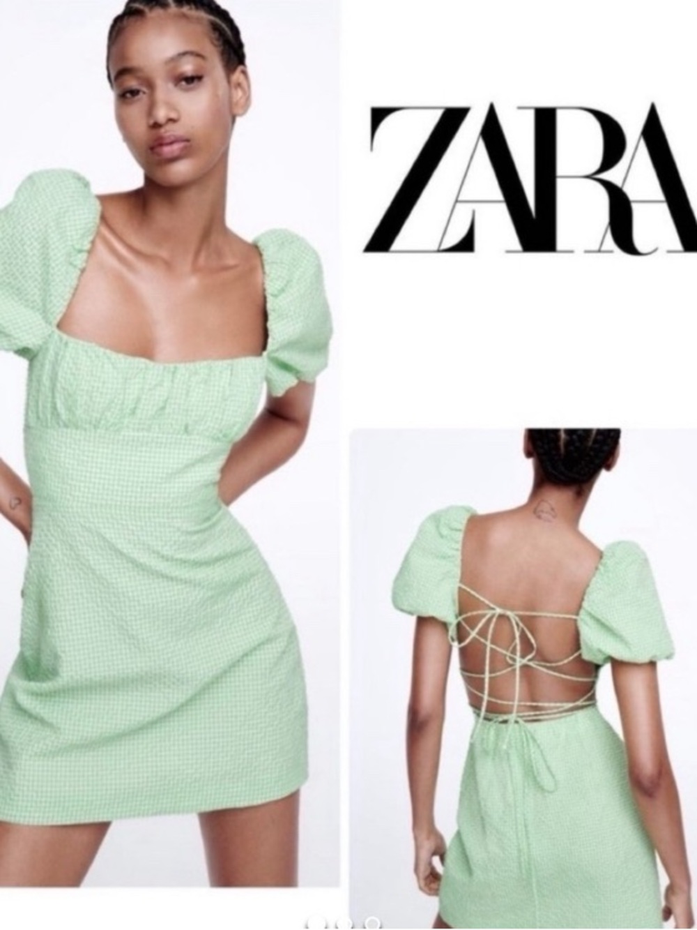 Zara Gingham Mint Check Puff Sleeve Mini Dress, Criss Cross, Open Back Tie, XS